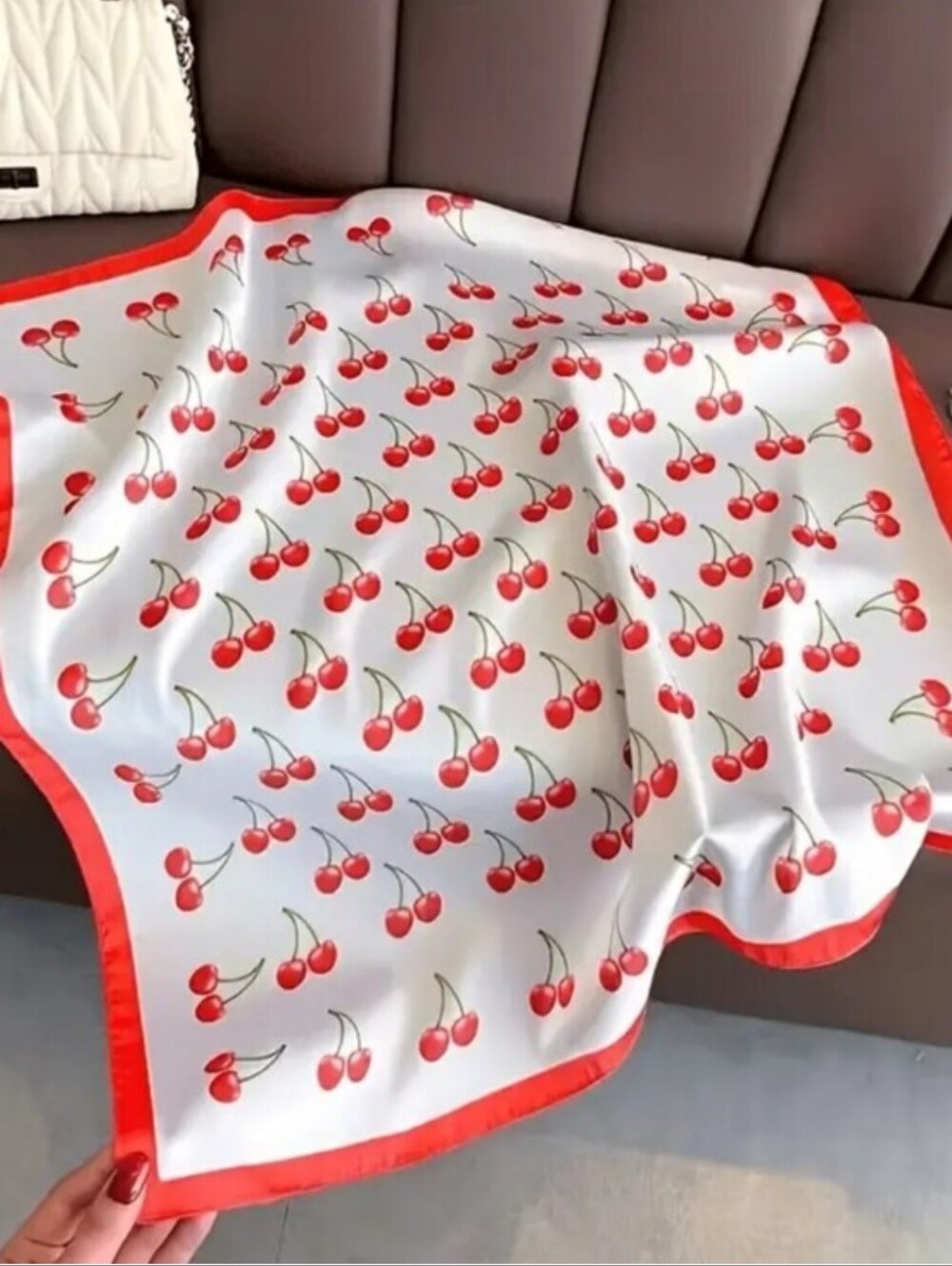 Silk-feel Cherry Print Satin Scarf - Red on White Head & Neck Scarf